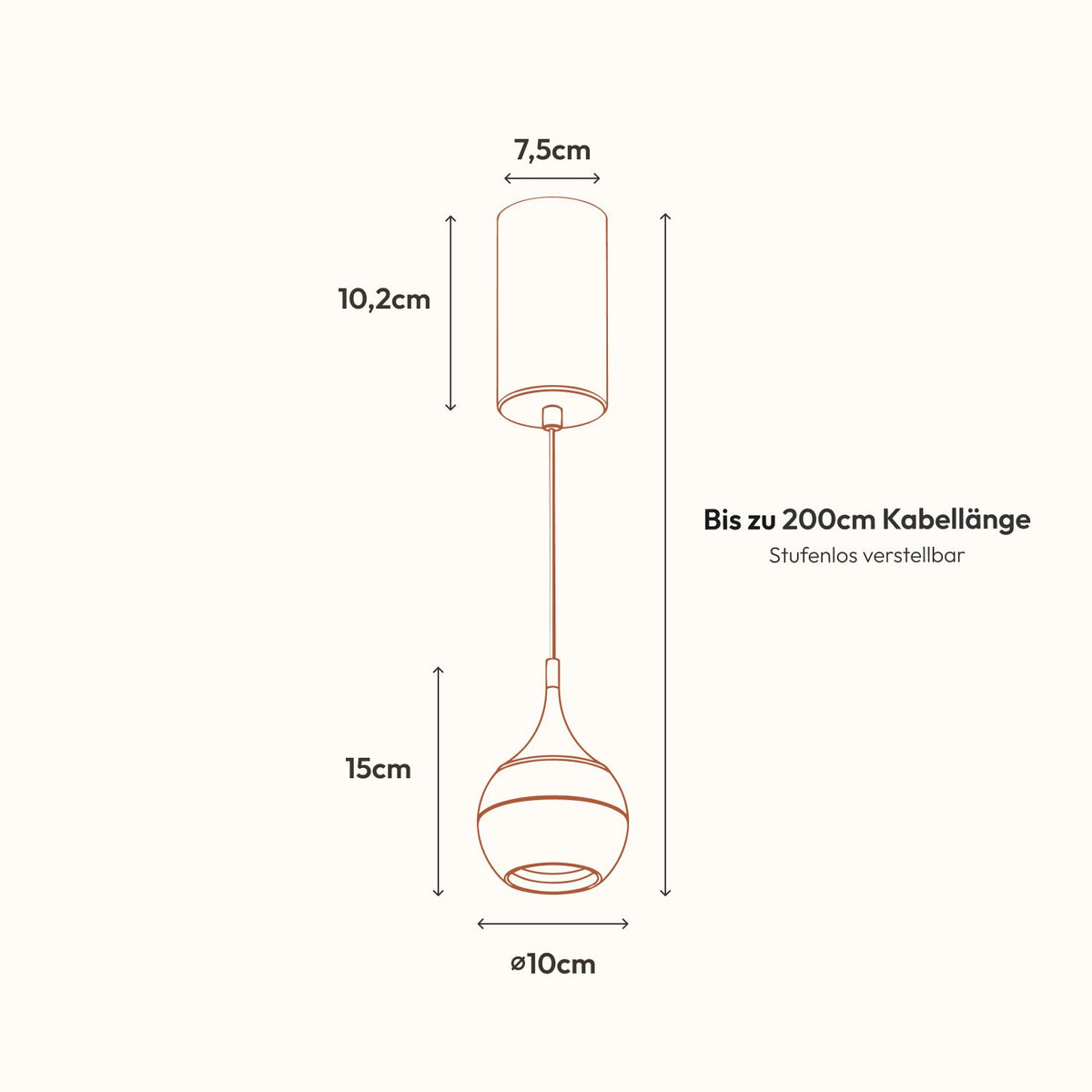 Maße der Rova Pendelleuchte: Baldachin Ø 7,5 cm, Höhe Baldachin 10,2 cm, Leuchte Ø 10 cm, Höhe Leuchte 15 cm, bis zu 200 cm Kabellänge